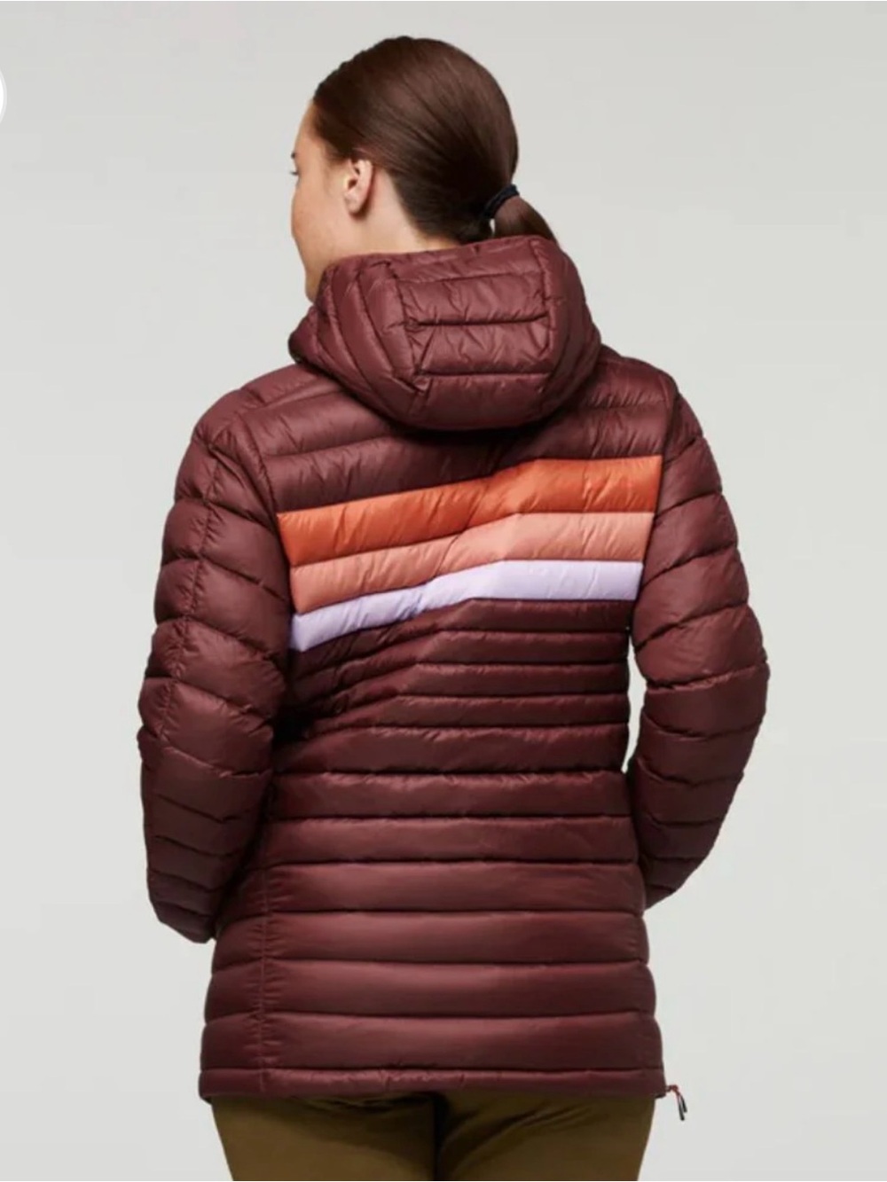 cotopaxi Fuego Down Hooded Pullover Puffer Women’s Small Chestnut Stripe Jacket
